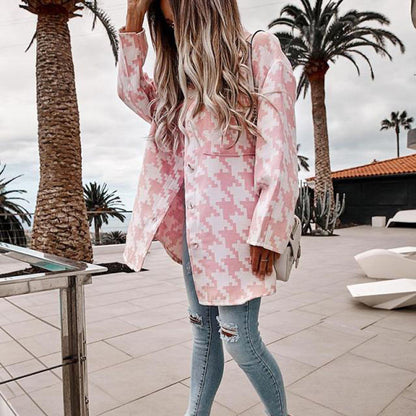 S-3XL Women Casual Winter Autumn Long-sleeve Lapel Houndstooth Pattern Single Breasted Design Loose Shacket