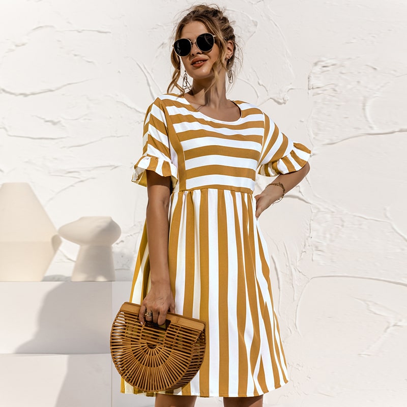 S-XL Women Vacation Bohemia Sweet Edgy Round Neck Short Sleeve Stripe Printed Ruffled Casual Loose Dress