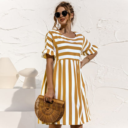 S-XL Women Vacation Bohemia Sweet Edgy Round Neck Short Sleeve Stripe Printed Ruffled Casual Loose Dress