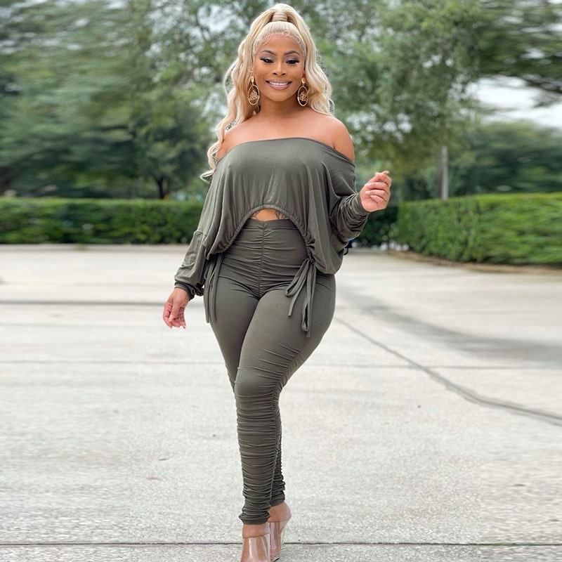 Women Casual Basic Athleisure Long Sleeve Drawstring Crease Solid Color Crop Top And Pants Two-piece Set