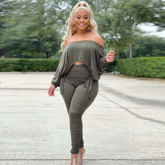 Women Casual Basic Athleisure Long Sleeve Drawstring Crease Solid Color Crop Top And Pants Two-piece Set