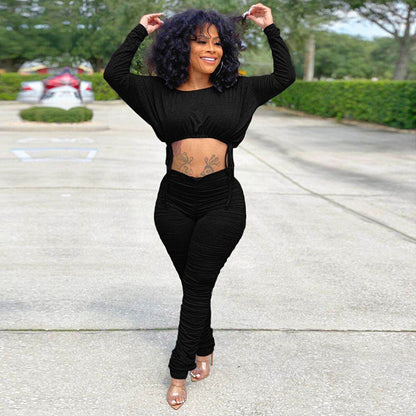 Women Casual Basic Athleisure Long Sleeve Drawstring Crease Solid Color Crop Top And Pants Two-piece Set