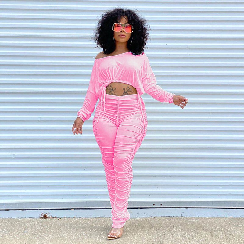 Women Casual Basic Athleisure Long Sleeve Drawstring Crease Solid Color Crop Top And Pants Two-piece Set