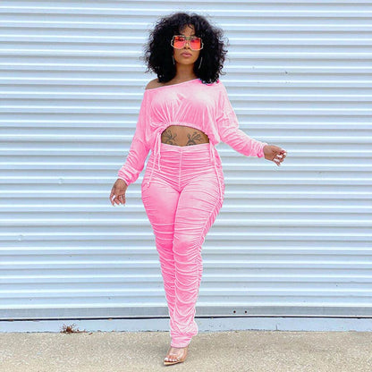 Women Casual Basic Athleisure Long Sleeve Drawstring Crease Solid Color Crop Top And Pants Two-piece Set