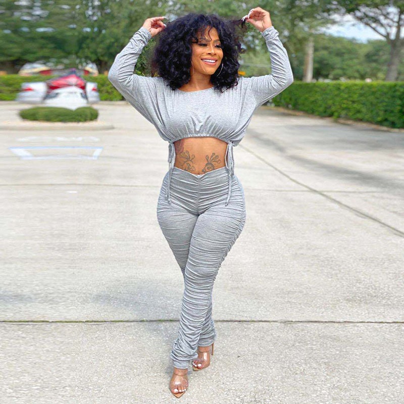 Women Casual Basic Athleisure Long Sleeve Drawstring Crease Solid Color Crop Top And Pants Two-piece Set