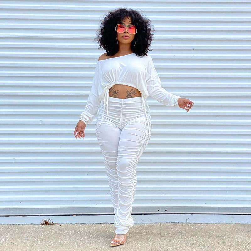 Women Casual Basic Athleisure Long Sleeve Drawstring Crease Solid Color Crop Top And Pants Two-piece Set