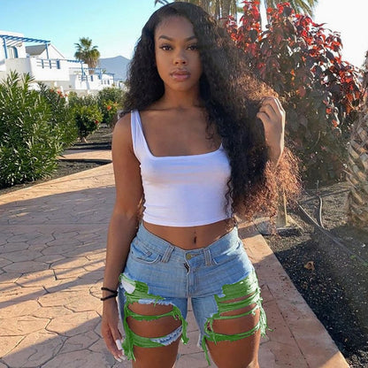 Women Casual Raw Hem Ripped Denim Shorts