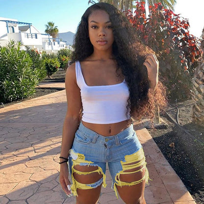 Women Casual Raw Hem Ripped Denim Shorts
