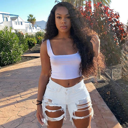 Women Casual Raw Hem Ripped Denim Shorts