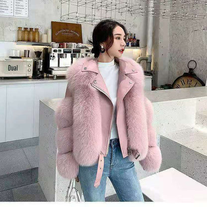 Abrigo de peluche informal de invierno para mujer, con solapa, de piel sintética, de color liso, con retazos y cremallera, de manga larga