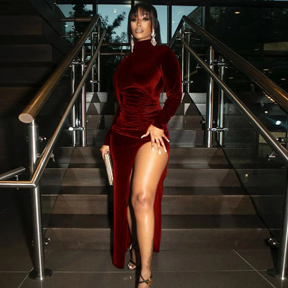 2025 Autumn Winter Women Velvet Long Sleeve Ruched Side Slit Bodycon Sexy Streetwear Party Elegant Club Midi Dress