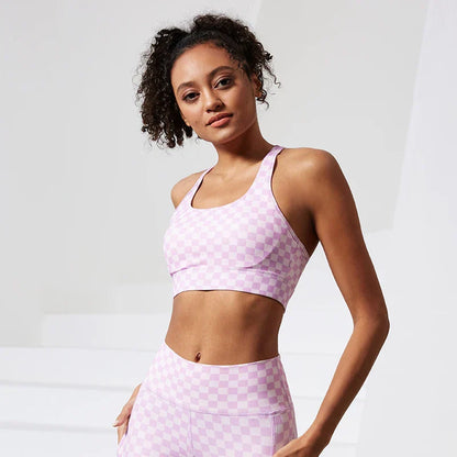 Shockproof Women Stretchy Plaid Printing Nude Feeling Nylon Ladies Sports Bra
