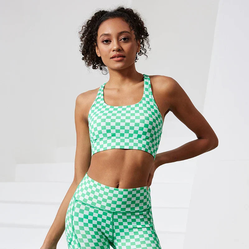 Shockproof Women Stretchy Plaid Printing Nude Feeling Nylon Ladies Sports Bra