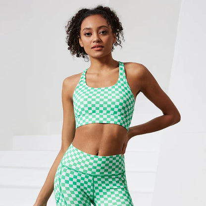 Shockproof Women Stretchy Plaid Printing Nude Feeling Nylon Ladies Sports Bra