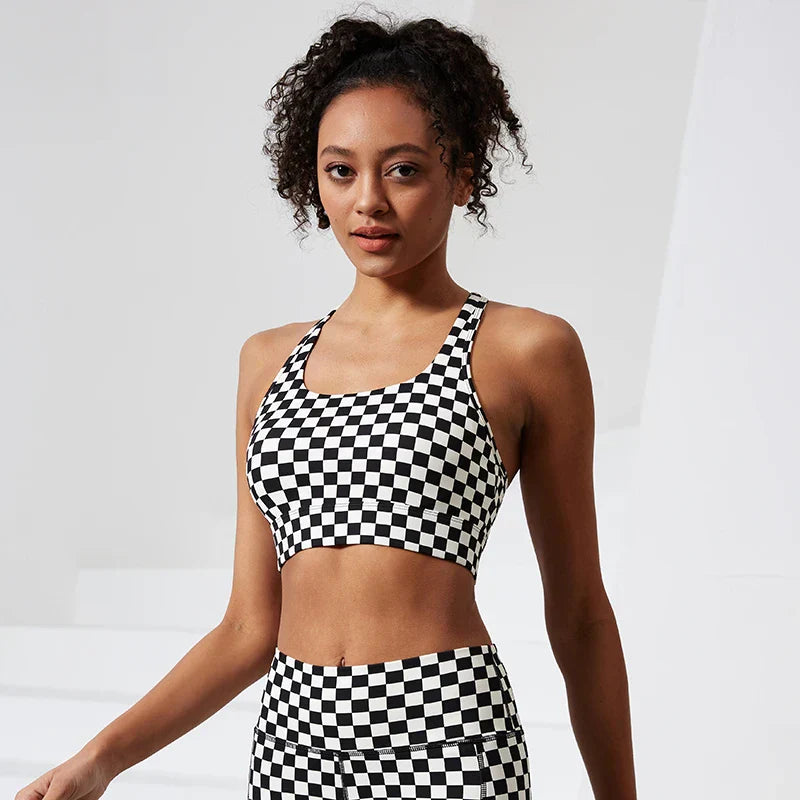 Shockproof Women Stretchy Plaid Printing Nude Feeling Nylon Ladies Sports Bra