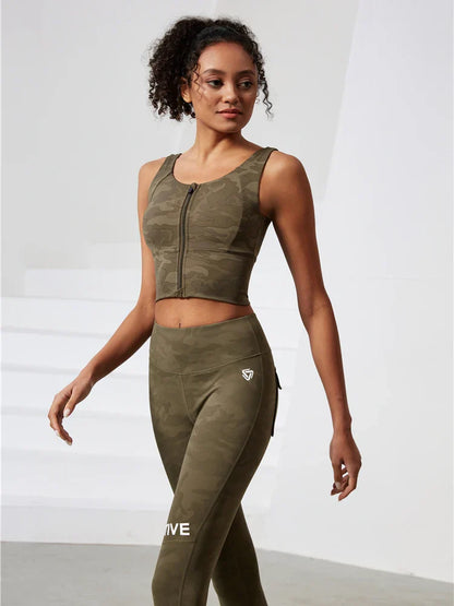 Support Ladies Camo Top Push Up Zip Front Close Padded Active Wear Sports Bra