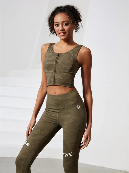 Support Ladies Camo Top Push Up Zip Front Close Padded Active Wear Sports Bra