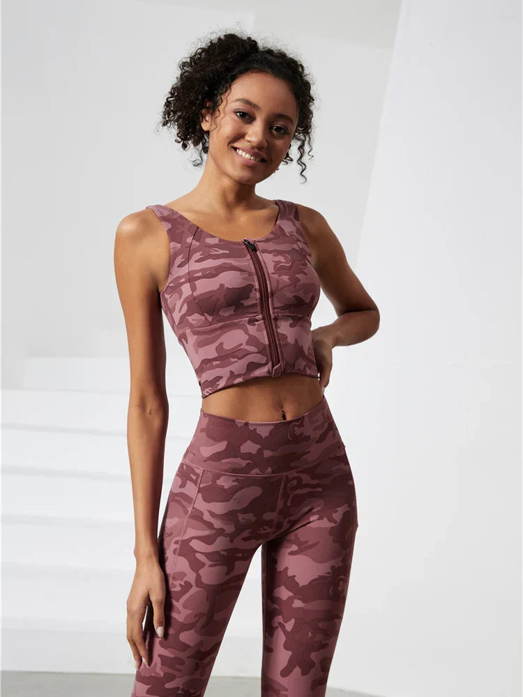 Support Ladies Camo Top Push Up Zip Front Close Padded Active Wear Sports Bra