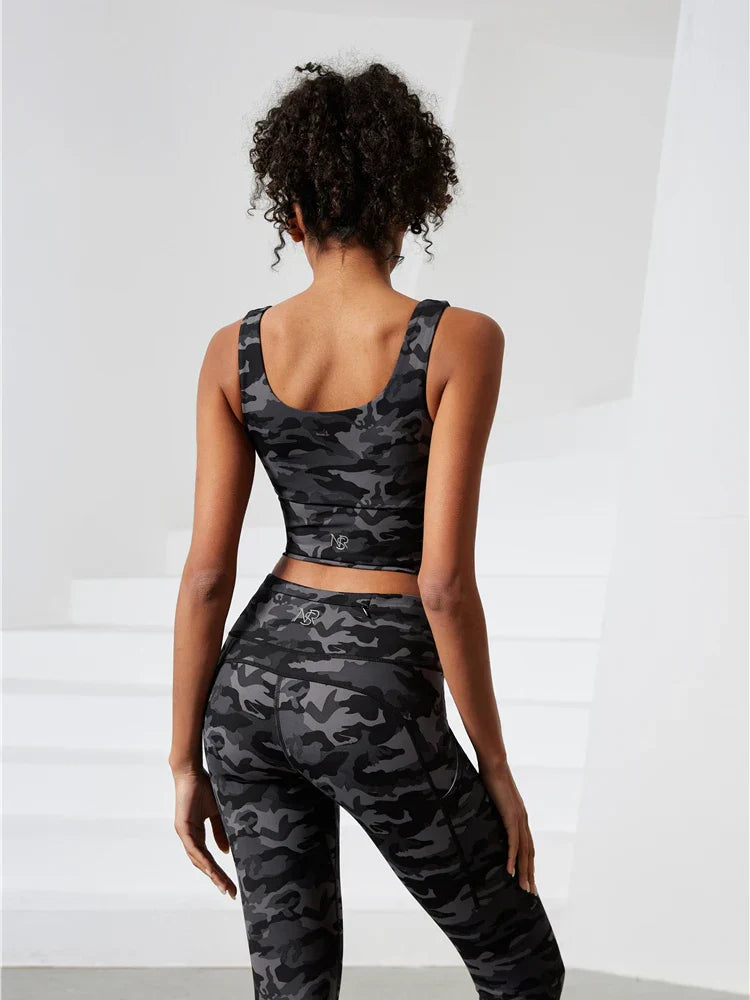 Support Ladies Camo Top Push Up Zip Front Close Padded Active Wear Sports Bra