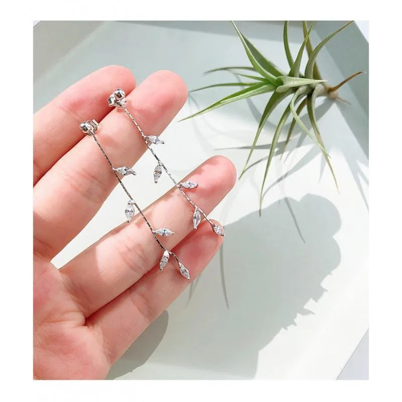 Silver Needle Willow Leaf Women Fashion Temperament Simple Long Tassel Earrings Gift Earring