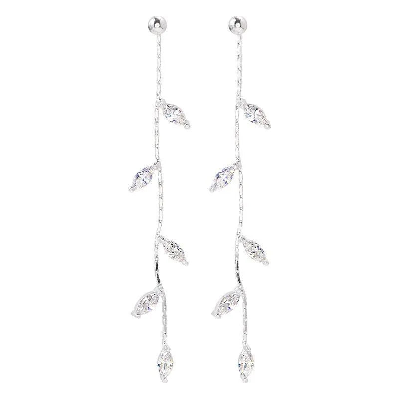 Silver Needle Willow Leaf Women Fashion Temperament Simple Long Tassel Earrings Gift Earring