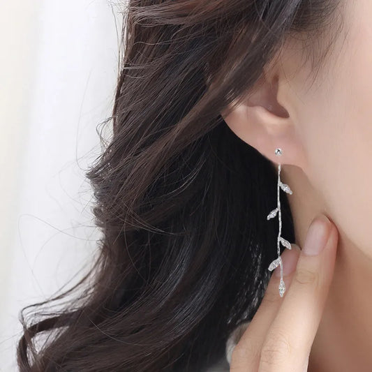 Silver Needle Willow Leaf Women Fashion Temperament Simple Long Tassel Earrings Gift Earring