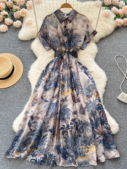 Women Vintage Party Dress Summer French Elegant Print Dress Ladies High Waist Retro Single Breasted Belt Casual Long Dress