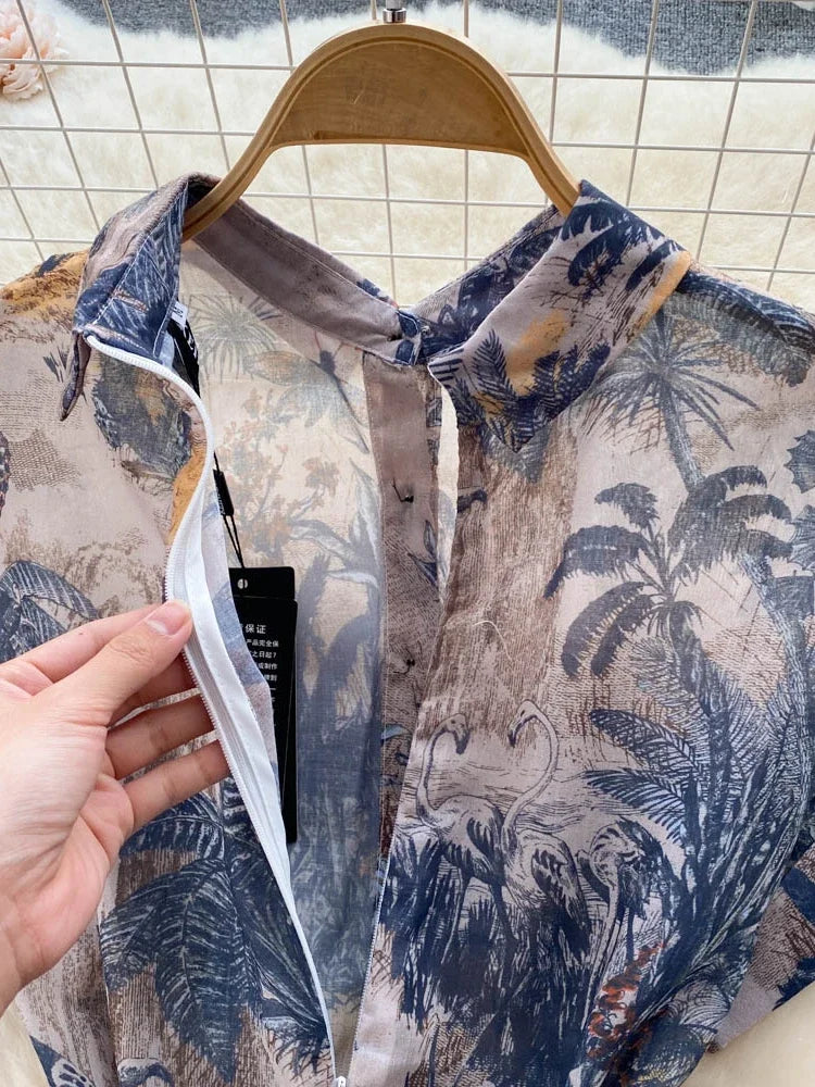 Women Vintage Party Dress Summer French Elegant Print Dress Ladies High Waist Retro Single Breasted Belt Casual Long Dress