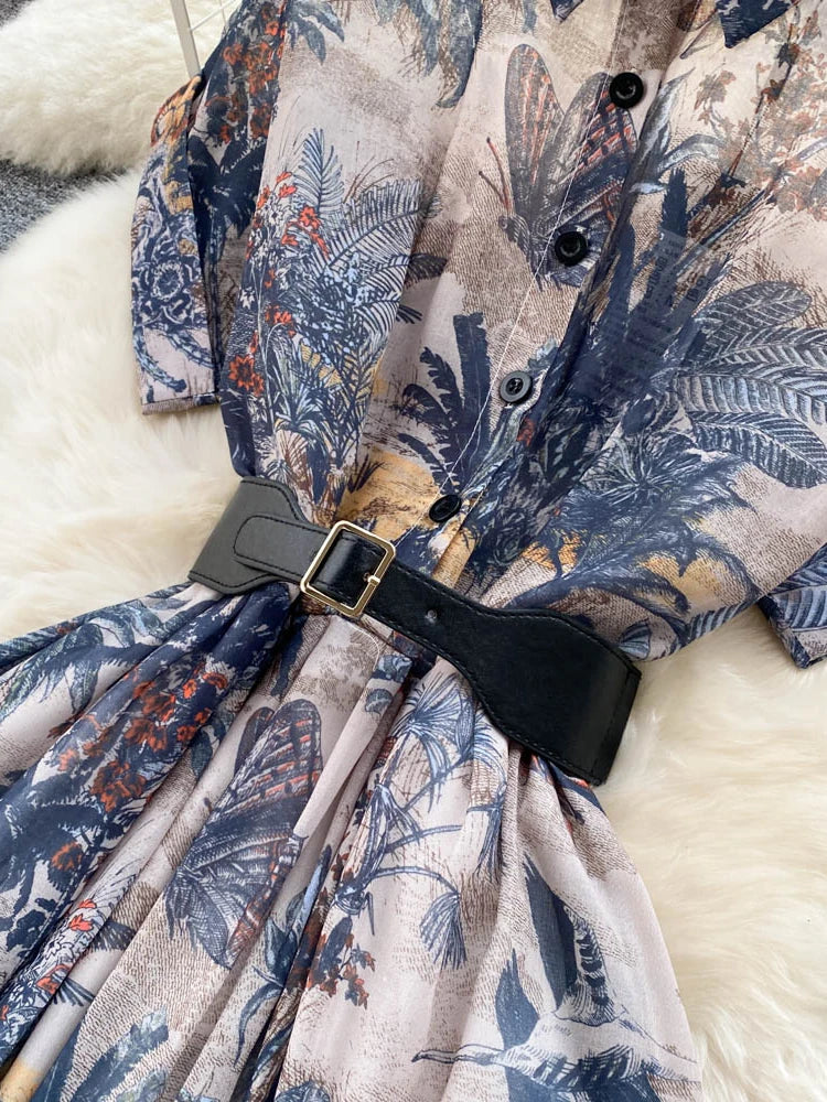 Women Vintage Party Dress Summer French Elegant Print Dress Ladies High Waist Retro Single Breasted Belt Casual Long Dress