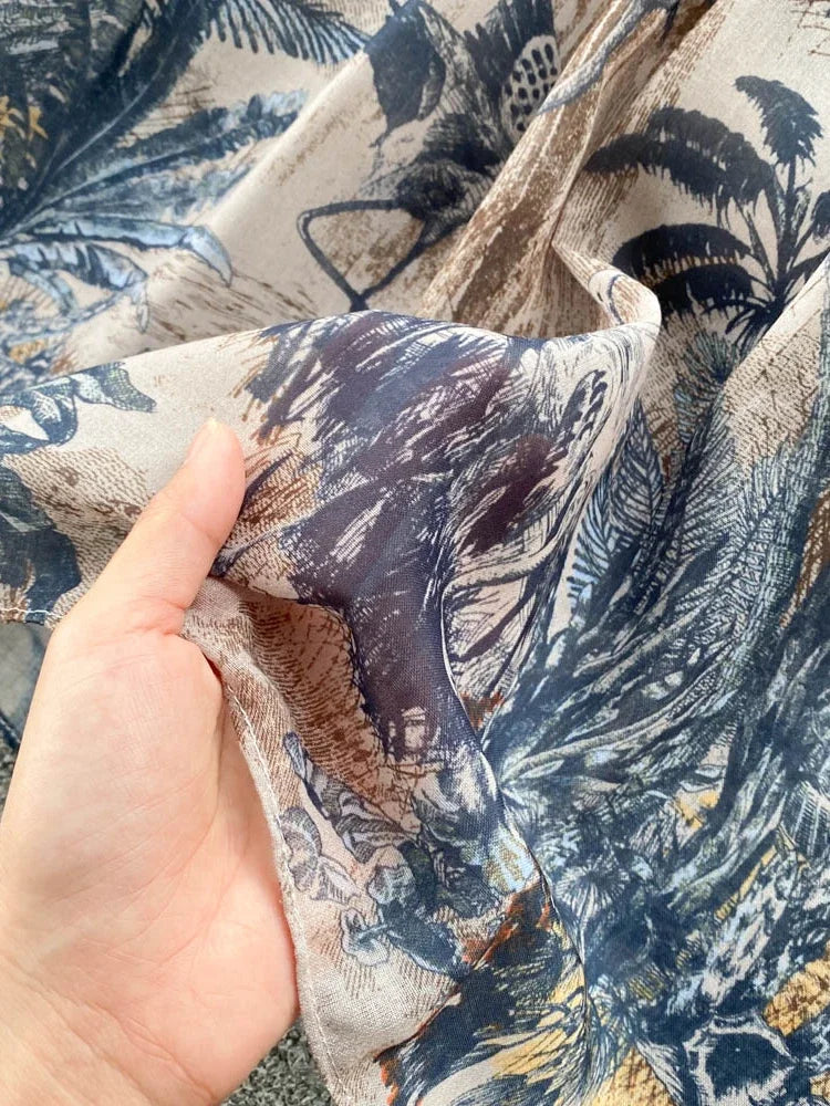 Women Vintage Party Dress Summer French Elegant Print Dress Ladies High Waist Retro Single Breasted Belt Casual Long Dress