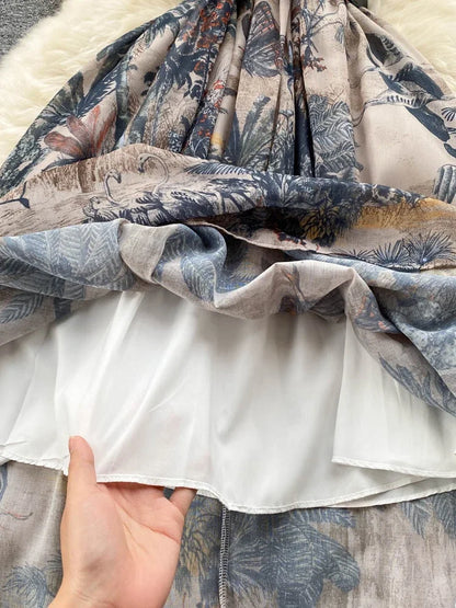 Women Vintage Party Dress Summer French Elegant Print Dress Ladies High Waist Retro Single Breasted Belt Casual Long Dress