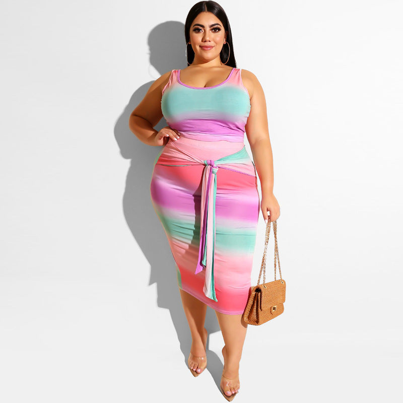 Conjunto de dos piezas de camiseta sin mangas con bloques de color y falda ajustada para mujer