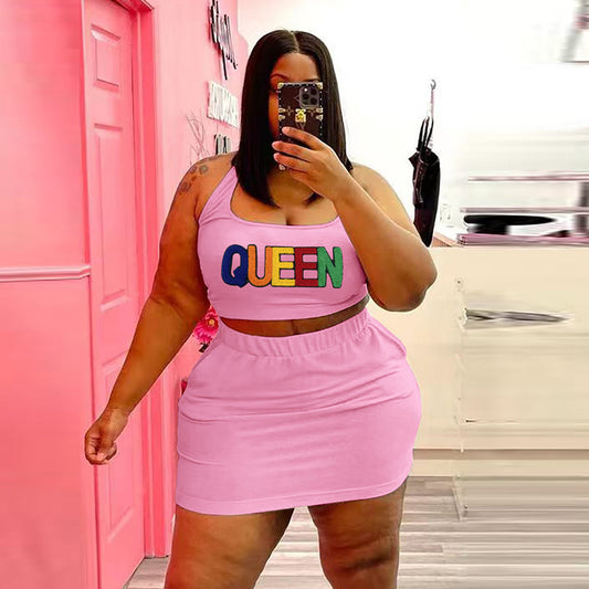 Conjunto de dos piezas de top corto y falda con apliques de letras Queen, informal, deportivo, sin mangas, para mujer