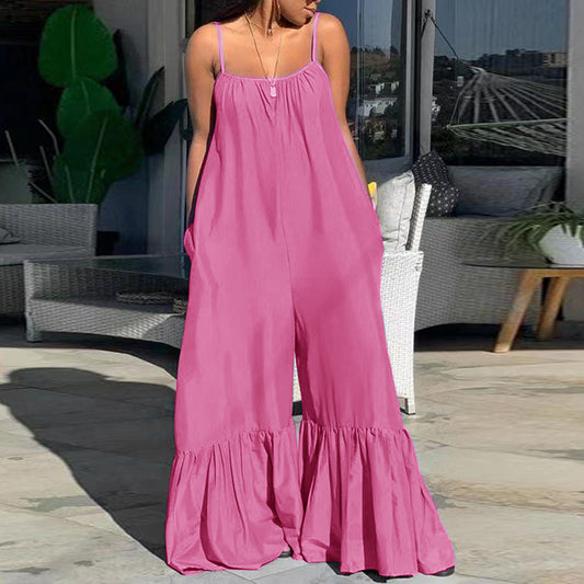 Women Casual Loose Plus Size Solid Color Sleeveless Ruffled Jumpsuits