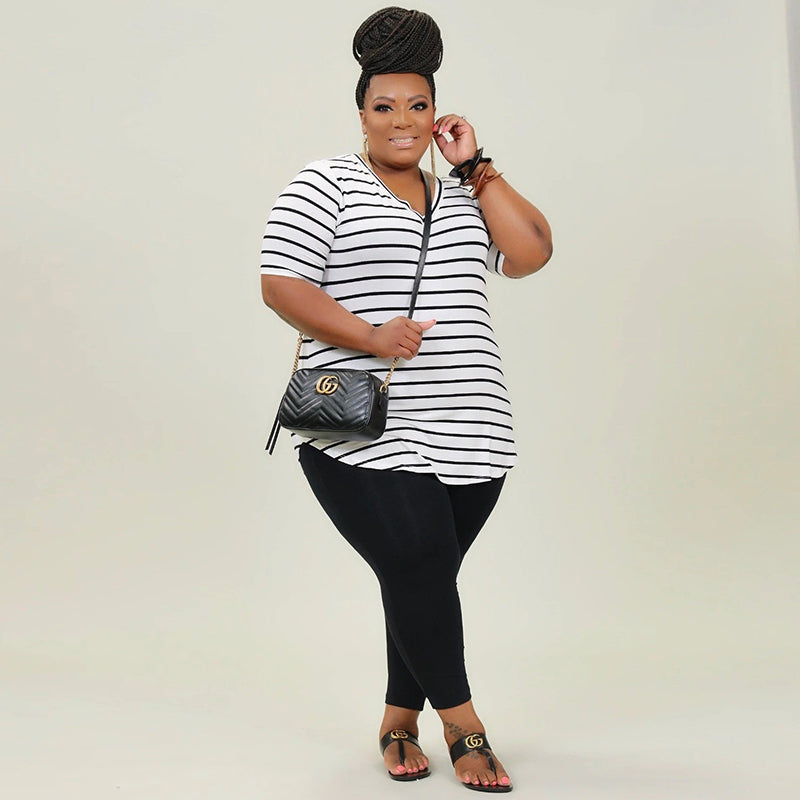 Women Casual Plus Size Stripe Printed Short Sleeves Top And Solid Color Skinny Pants Set