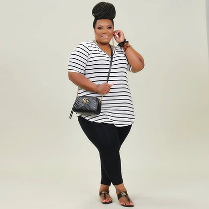 Women Casual Plus Size Stripe Printed Short Sleeves Top And Solid Color Skinny Pants Set