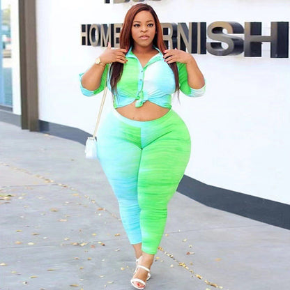Conjunto de top y pantalón ajustado con solapa de una sola hilera y bloques de color para mujer, talla grande