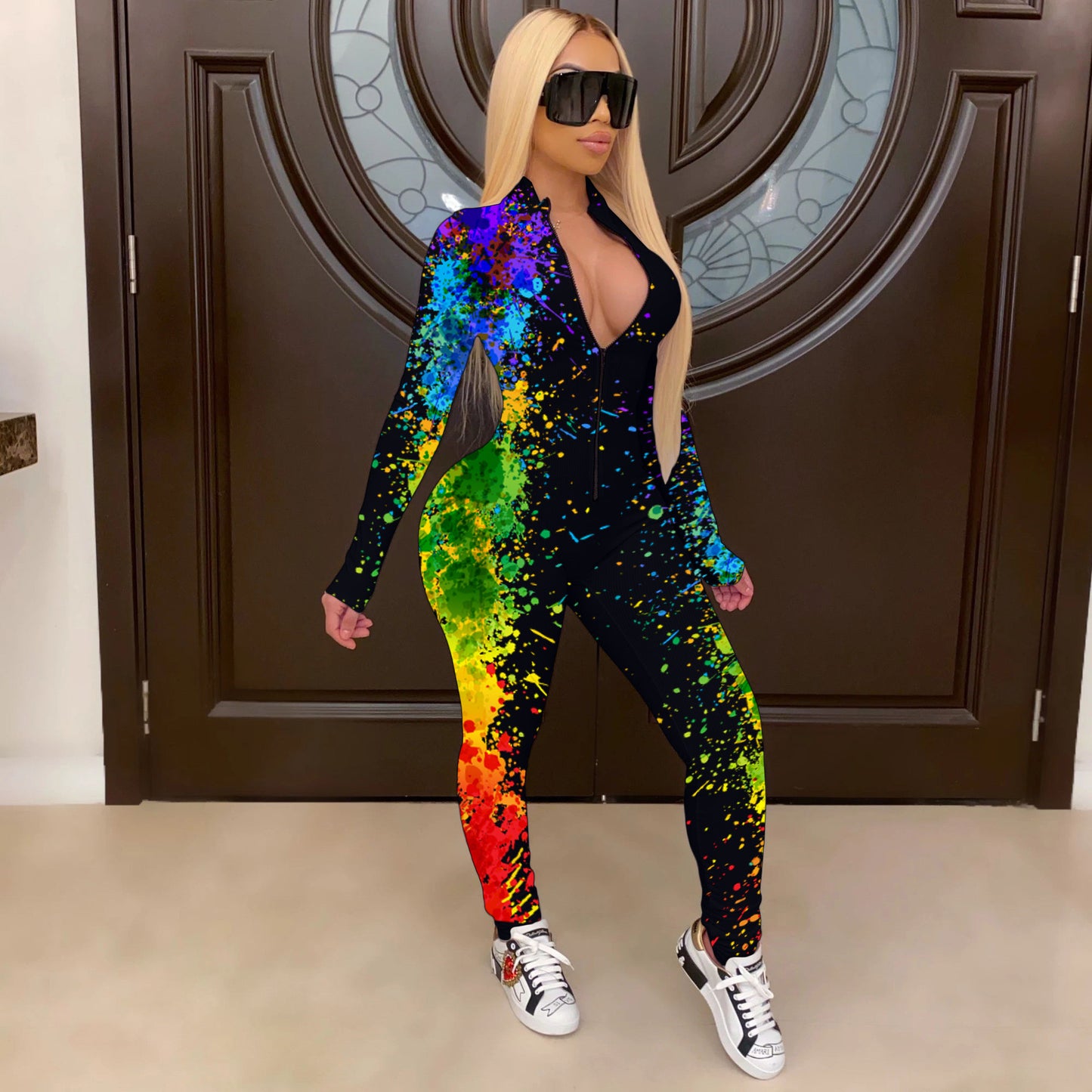 Mono ajustado informal con cuello en V y mangas largas con efecto tie-dye para mujer