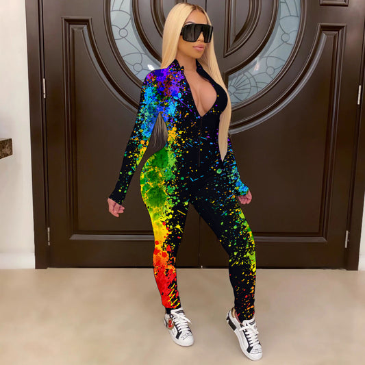 Women Casual Edgy Tie Dye Long Sleeves V Neck Bodycon Jumpsuits