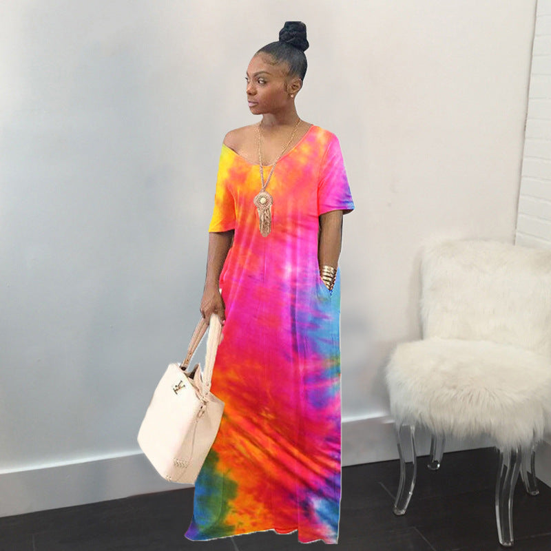 Women Casual Tie Dye Short Sleeves Loose Color Blocking Dress