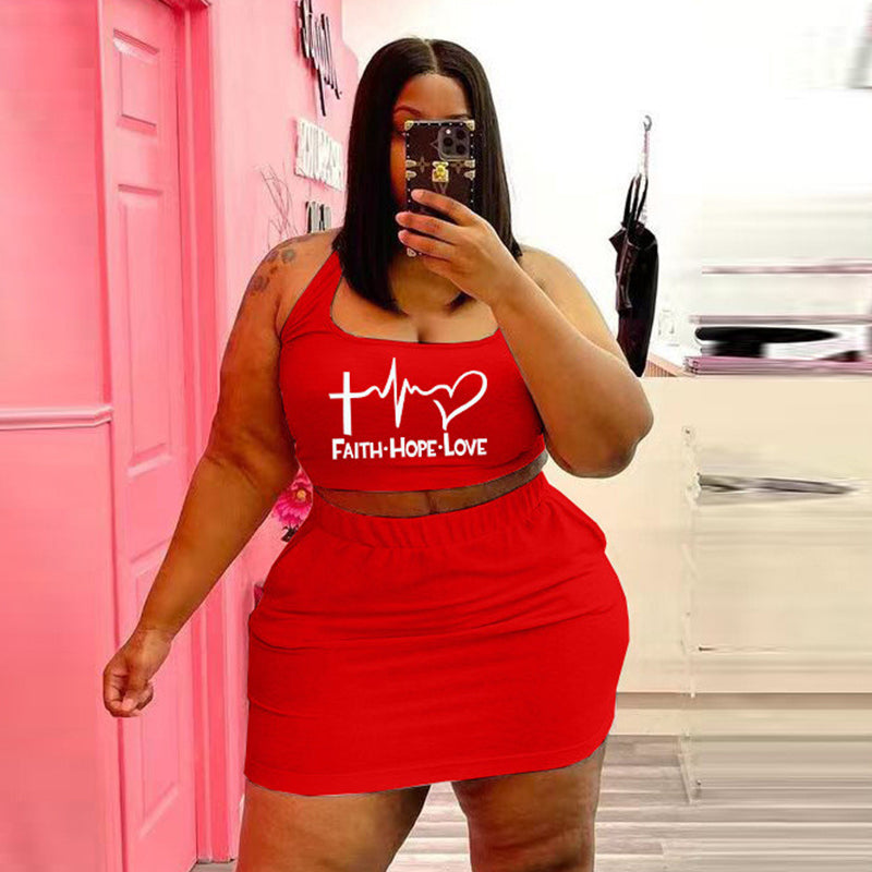 Conjunto de dos piezas de top corto y falda con estampado de letras Faith Love, informal, deportivo, sin mangas, talla grande, para mujer