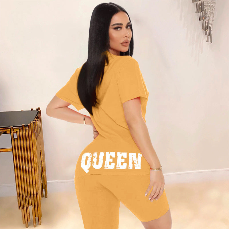 Women Orange Casual Athleisure Short Sleeves Round Neck Letter Printed Top And Solid Color Shorts Set