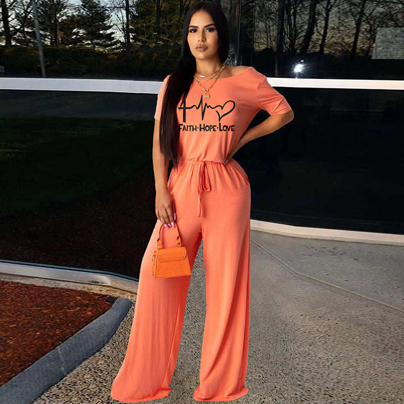 Women Casual Short Sleeves Faith Letter Graphic Print Bandage Straight Jumpsuits