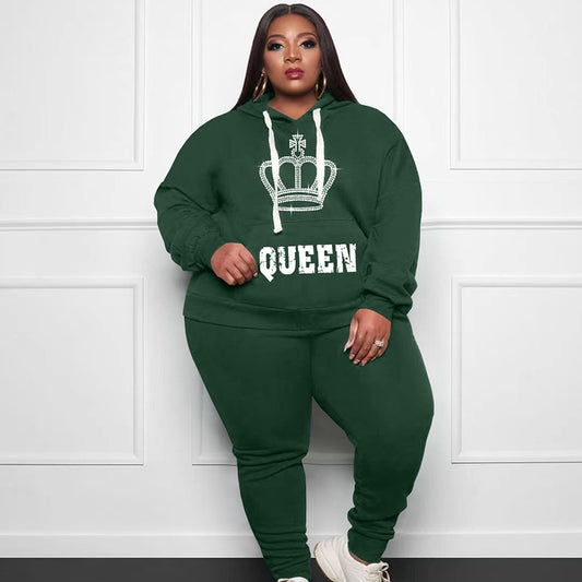 Conjunto de dos piezas deportivo informal de talla grande para mujer, de manga larga, con estampado de letras Queen y pantalones de color liso con diamantes de imitación