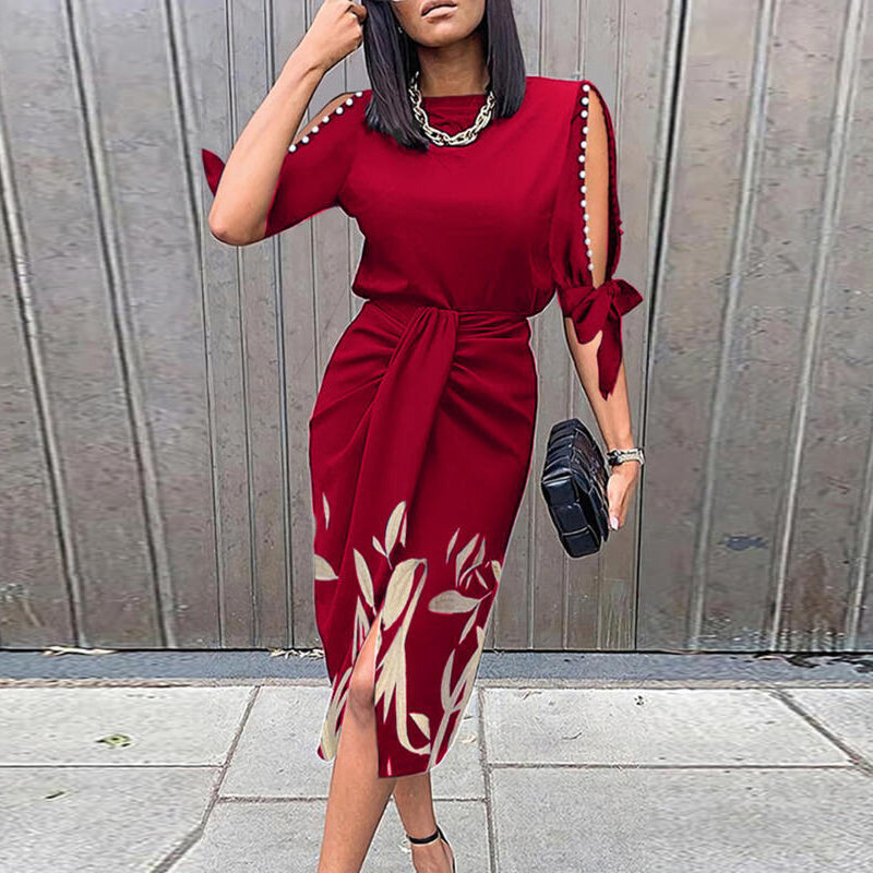 Vestido elegante de mujer con cintura alta, informal, con aberturas laterales y hombros descubiertos