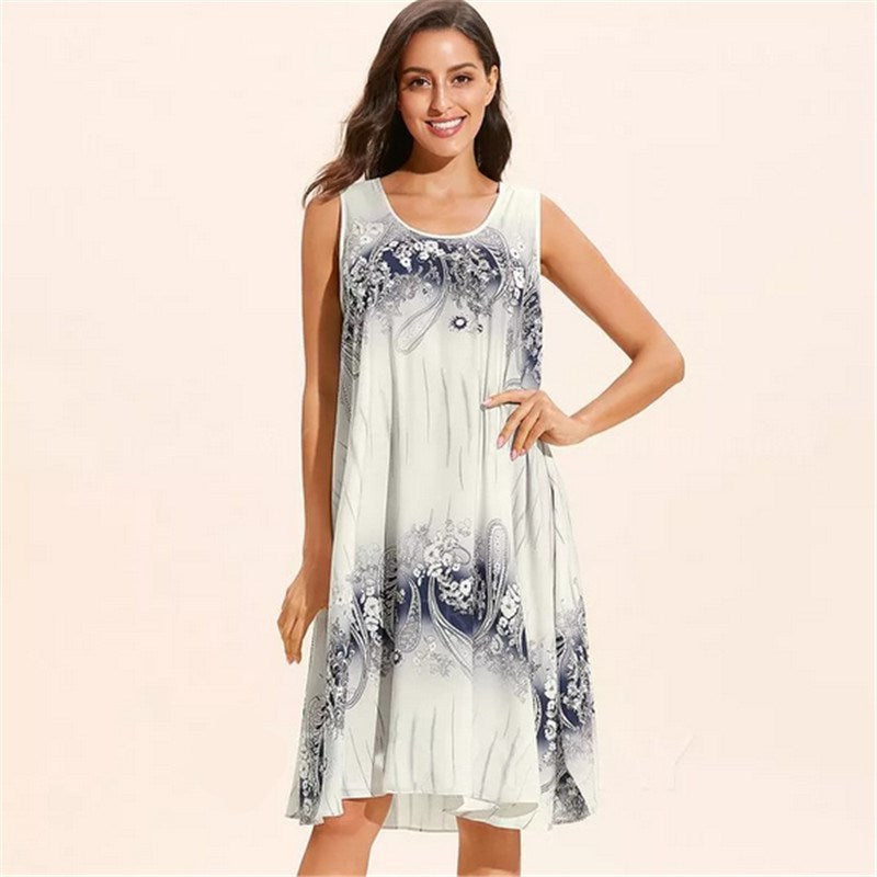 Women Summer Vintage Plus Size Casual Sleeveless Loose A-line Dresses