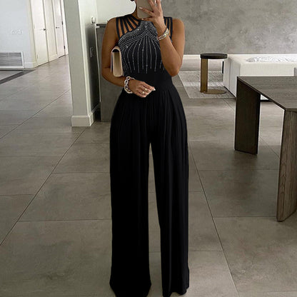 Summer Women Sexy Elegant Cut Out Casual Sleeveless Rhinestone Wide Leg Jumpsuits