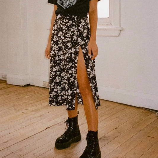 Falda informal de verano con estampado de leopardo y flores para mujer, corte en A y abertura lateral
