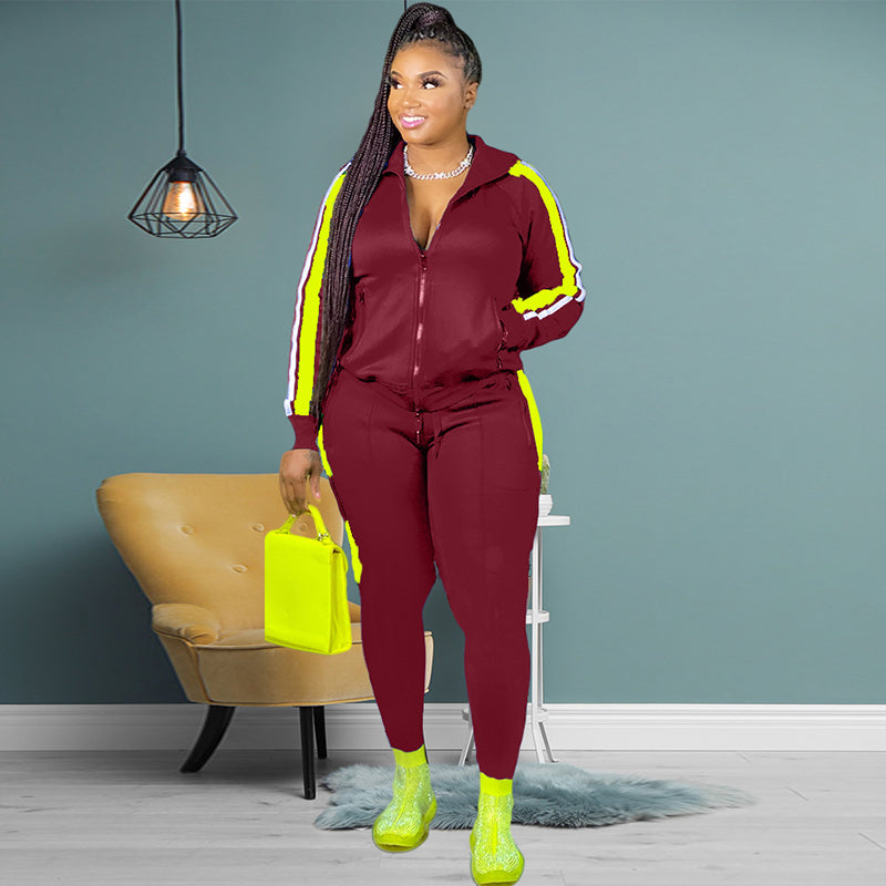 Conjunto de top informal de manga larga con solapa y cremallera para mujer, talla grande, y pantalones ajustados con bloques de color
