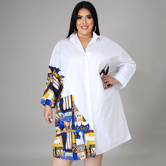 Plus Size Women Casual Elegant Color Blocking Patchwork Single-breasted Long Sleeves Office Shirt Dress